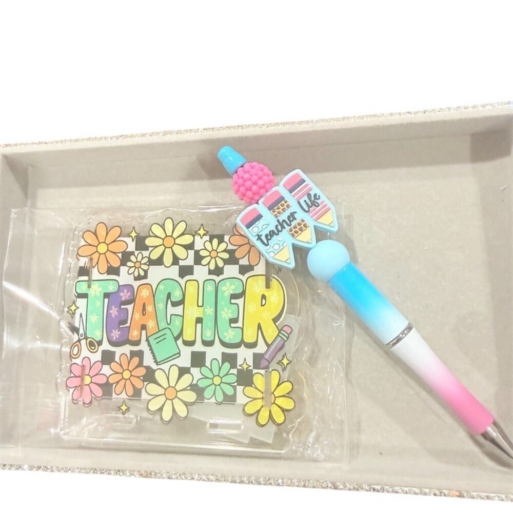Teacher Pen Holder Set Floral Multi-Color Beadable Refillable Pen & Ink gift